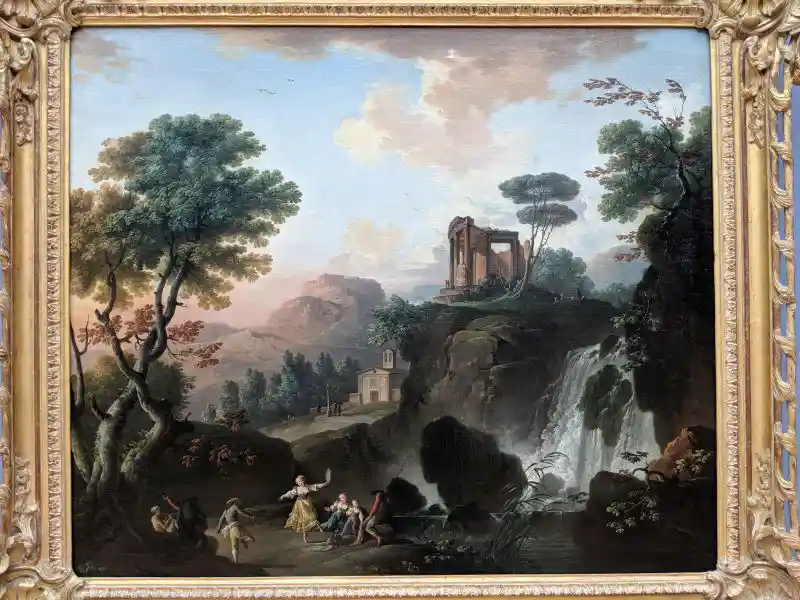 Landscape painting, a detailed and idealized depiction of The Temple of Vesta in Tivoli, located in Bode Museum.